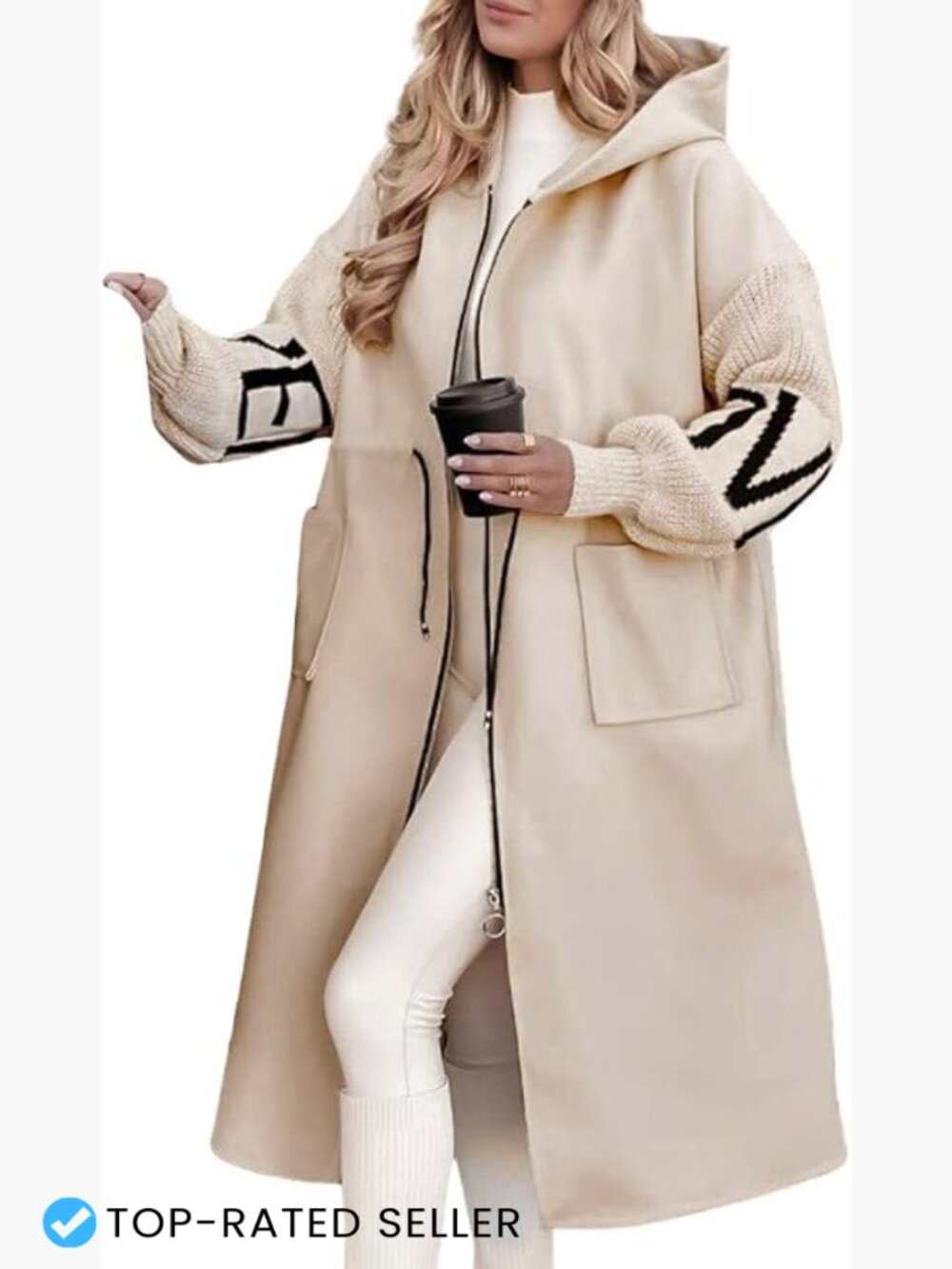 Knitted Sleeve Hooded Wool Blend Trench Coat Zip Up Overcoat with Pockets
